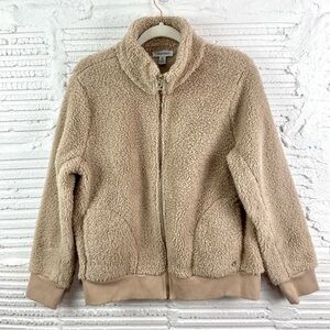 Calvin Klein Tan Zip Front Faux Fur Sherpa Teddy Jacket Gold Details Size M